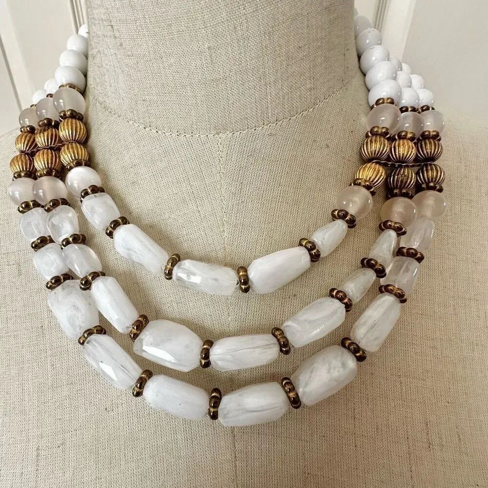 Vintage white and gold tone multi strand statement necklace